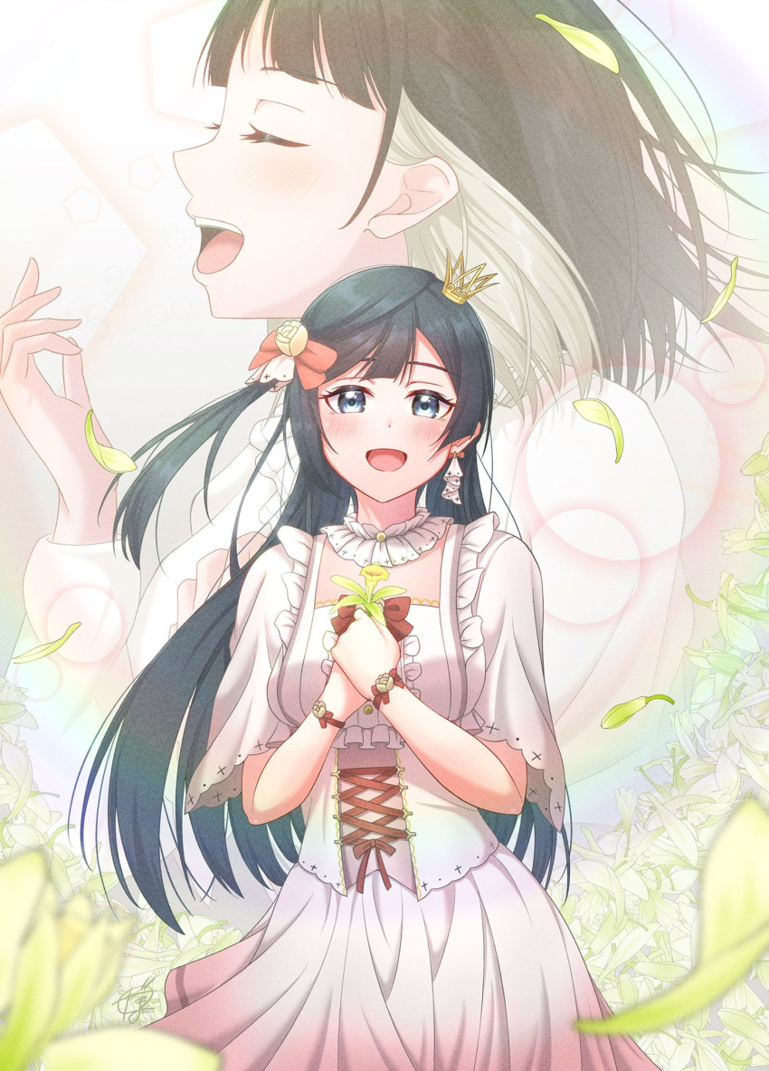 2girls, :d, black_eyes, black_hair, blush, bow, bright09, commentary