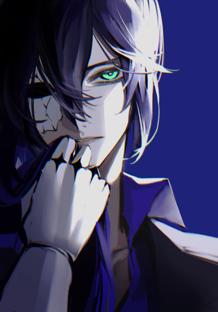 1boy, akuma_shitsuji_to_kuroi_neko, aqua_eyes, black_jacket, blue_background, blue_shirt, boschi_arenas, collared_shirt, commentary, half_mask, high_ponytail, highres, jacket, long_hair, male_focus, mask, ohachi08, one_eye_covered, parted_lips, prosthesis, prosthetic_arm, purple_hair, shirt, solo, teeth