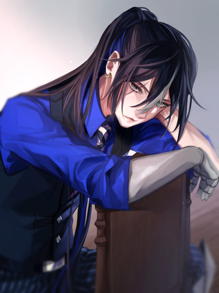 1boy, akuma_shitsuji_to_kuroi_neko, belt, black_belt, black_hair, black_pants, black_vest, blue_hair, blue_jacket, boschi_arenas, grey_eyes, high_ponytail, highres, jacket, long_hair, male_focus, multicolored_hair, necktie, ohachi08, pants, prosthesis, prosthetic_arm, solo, striped, striped_necktie, striped_pants, vest