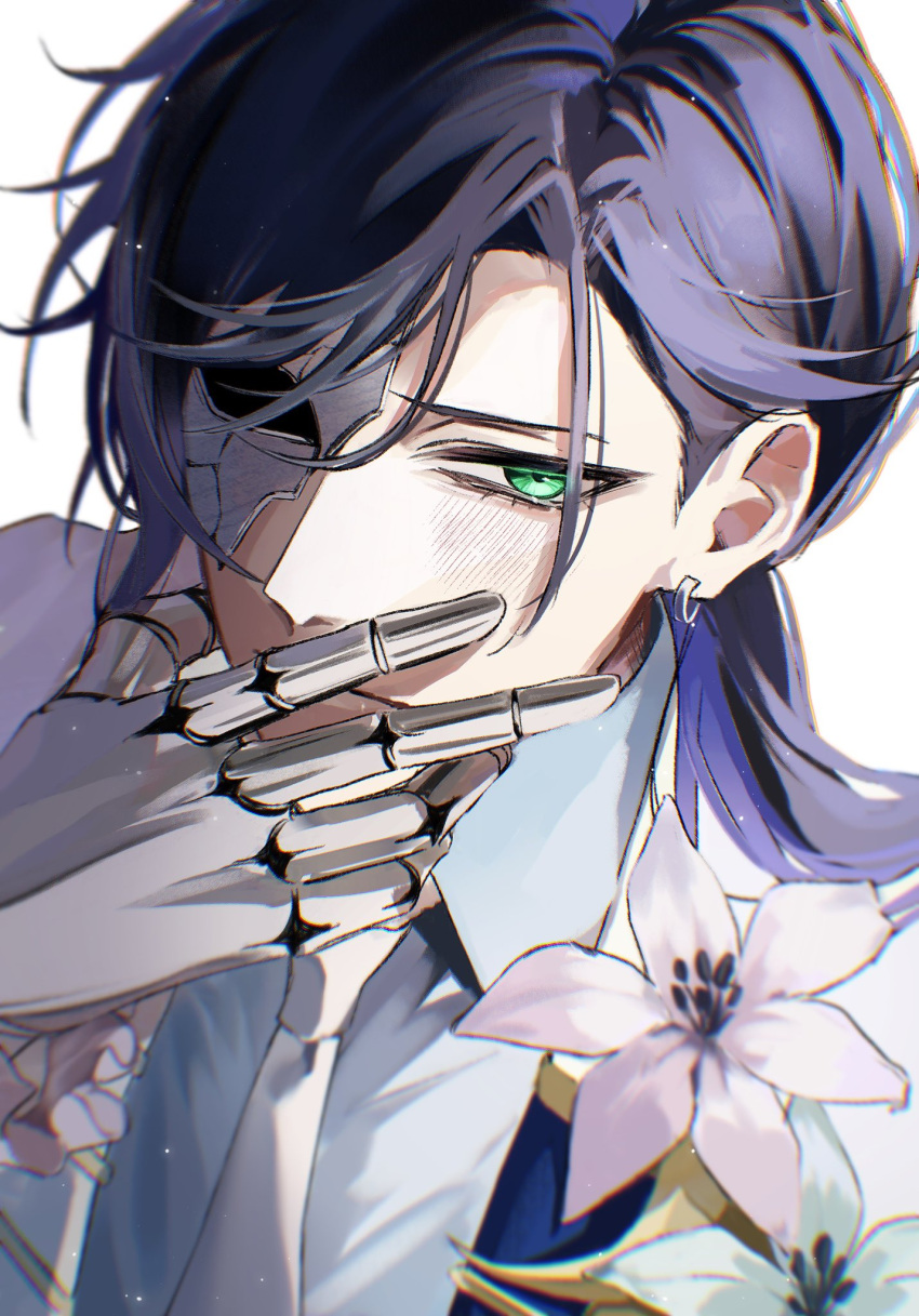 1boy, akuma_shitsuji_to_kuroi_neko, blue_shirt, blush, boschi_arenas, collared_shirt, earrings, flower