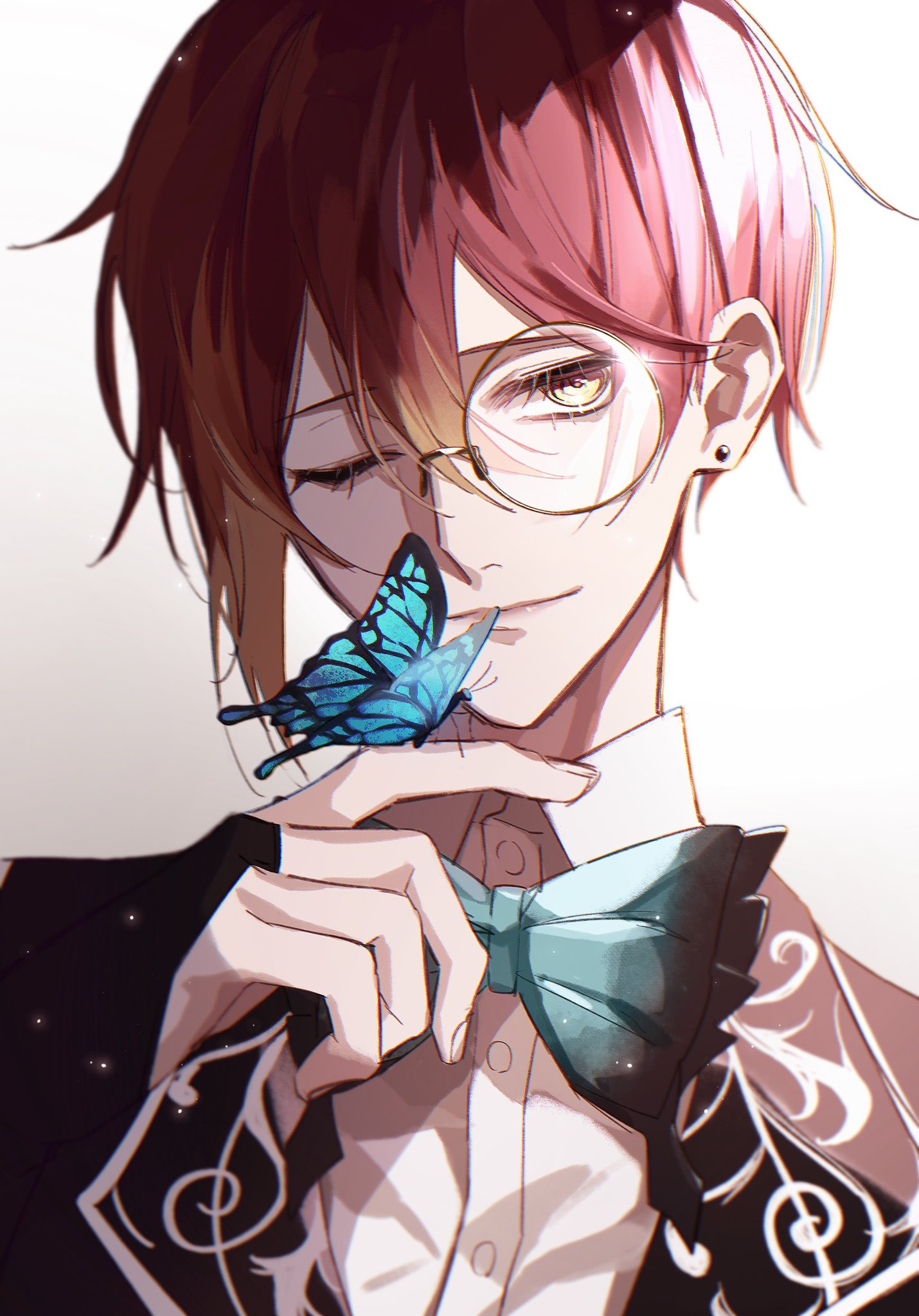 1boy, akuma_shitsuji_to_kuroi_neko, black_jacket, blue_butterfly, bug, butterfly, butterfly_on_hand, closed_mouth, collared_shirt, earrings, fennesz_oswald, highres, jacket, jewelry, male_focus, monocle, ohachi08, one_eye_closed, orange_hair, redhead, shirt, short_hair, solo, stud_earrings, white_background, white_shirt, yellow_eyes