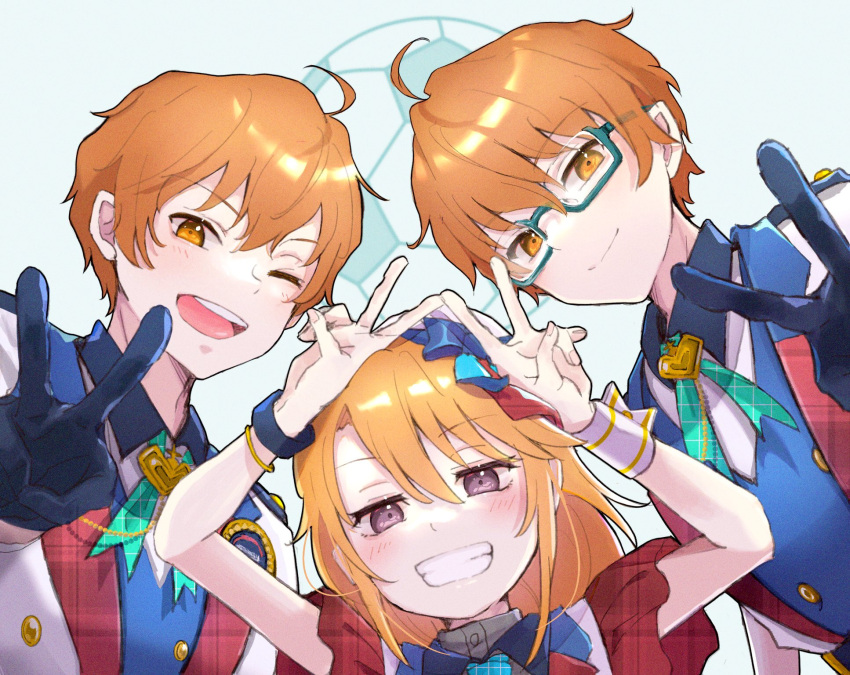1girl, 2boys, ;), ahoge, aoi_kyosuke, aoi_yusuke, ball, blue-framed_eyewear, blue_gloves, bolo_tie, bracelet, brothers, brown_eyes, closed_mouth, double_v, glasses, gloves, grin, highres, idol, idol_clothes, idolmaster, idolmaster_cinderella_girls, idolmaster_poplinks, idolmaster_side-m, jewelry, koichi_makoto, multiple_boys, one_eye_closed, orange_eyes, orange_hair, short_sleeves, siblings, simple_background, smile, soccer_ball, trait_connection, twins, v, w_(idolmaster), white_background, wrist_cuffs, yuuki_haru