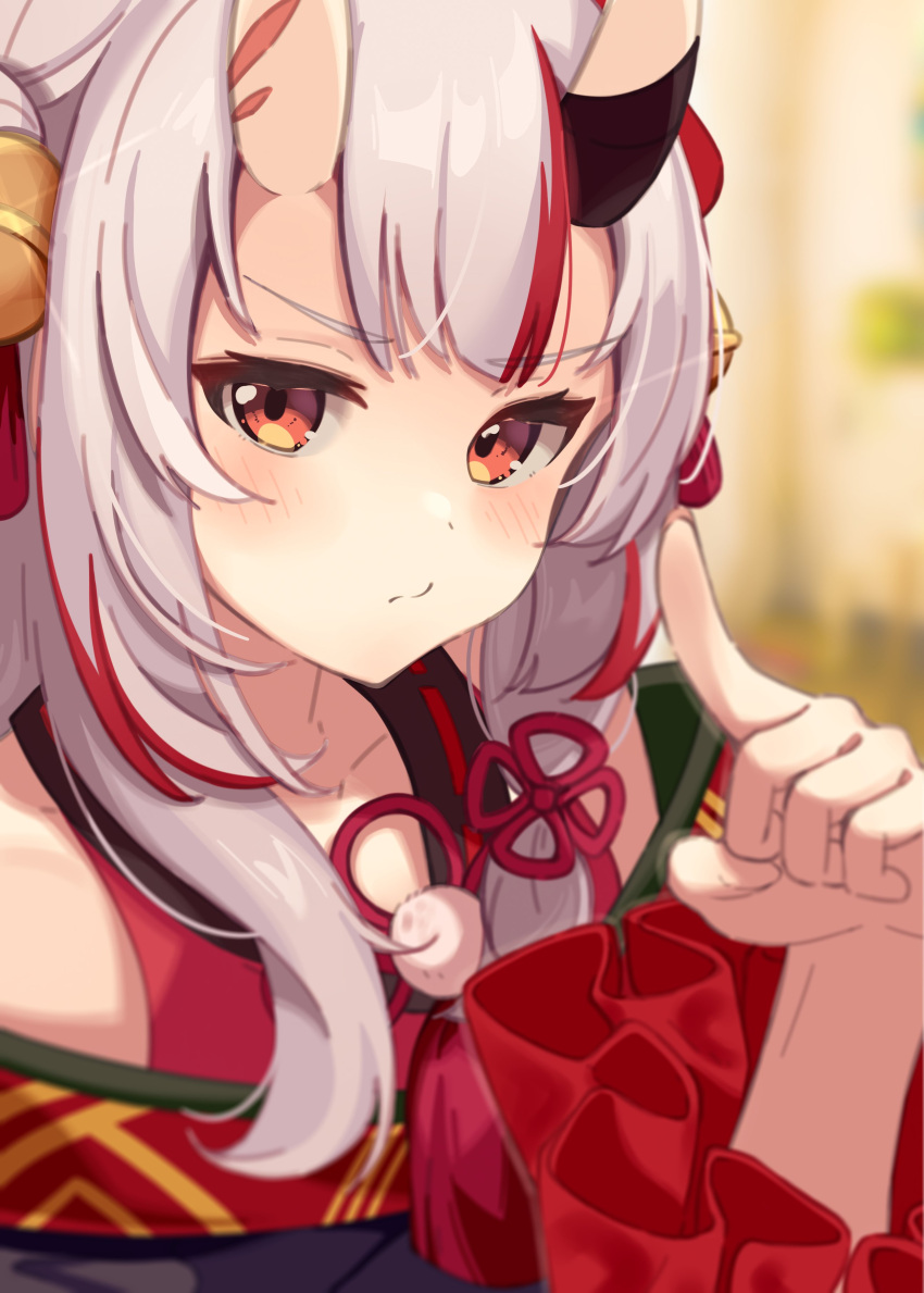 1girl, absurdres, bell, blurry, blurry_background, blush, depth_of_field, double_bun, frilled_sleeves, frills, hair_bell, hair_bun, hair_ornament, hand_up, highres, hololive, horns, jingle_bell, long_hair, looking_at_viewer, multicolored_hair, nakiri_ayame, oni, oni_horns, pom_pom_(clothes), red_eyes, redhead, sidelocks, skin-covered_horns, solo, streaked_hair, tassel, tassel_hair_ornament, virtual_youtuber, white_hair, yomogi_uehara