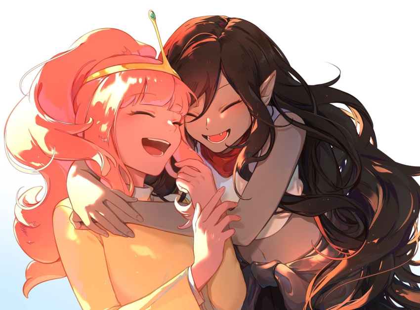 2girls, adventure_time, arms_around_neck, backlighting, bare_shoulders, black_hair, blunt_bangs, blush