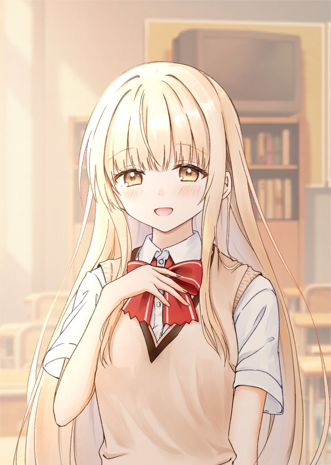 1girl, blonde_hair, bookshelf, bow, bowtie, brown_sweater_vest, classroom, desk