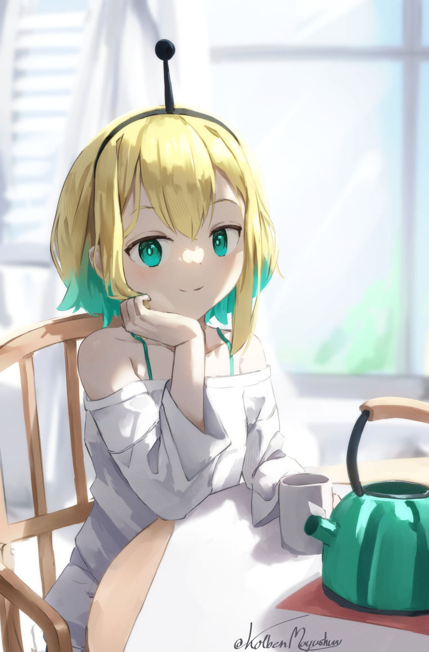 1girl, absurdres, amano_pikamee, arm_rest, arm_up, artist_name, black_hairband, blonde_hair