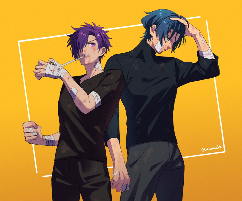 2boys, alternate_costume, bandage_on_face, bandages, black_pants, black_shirt, blood, blood_on_face