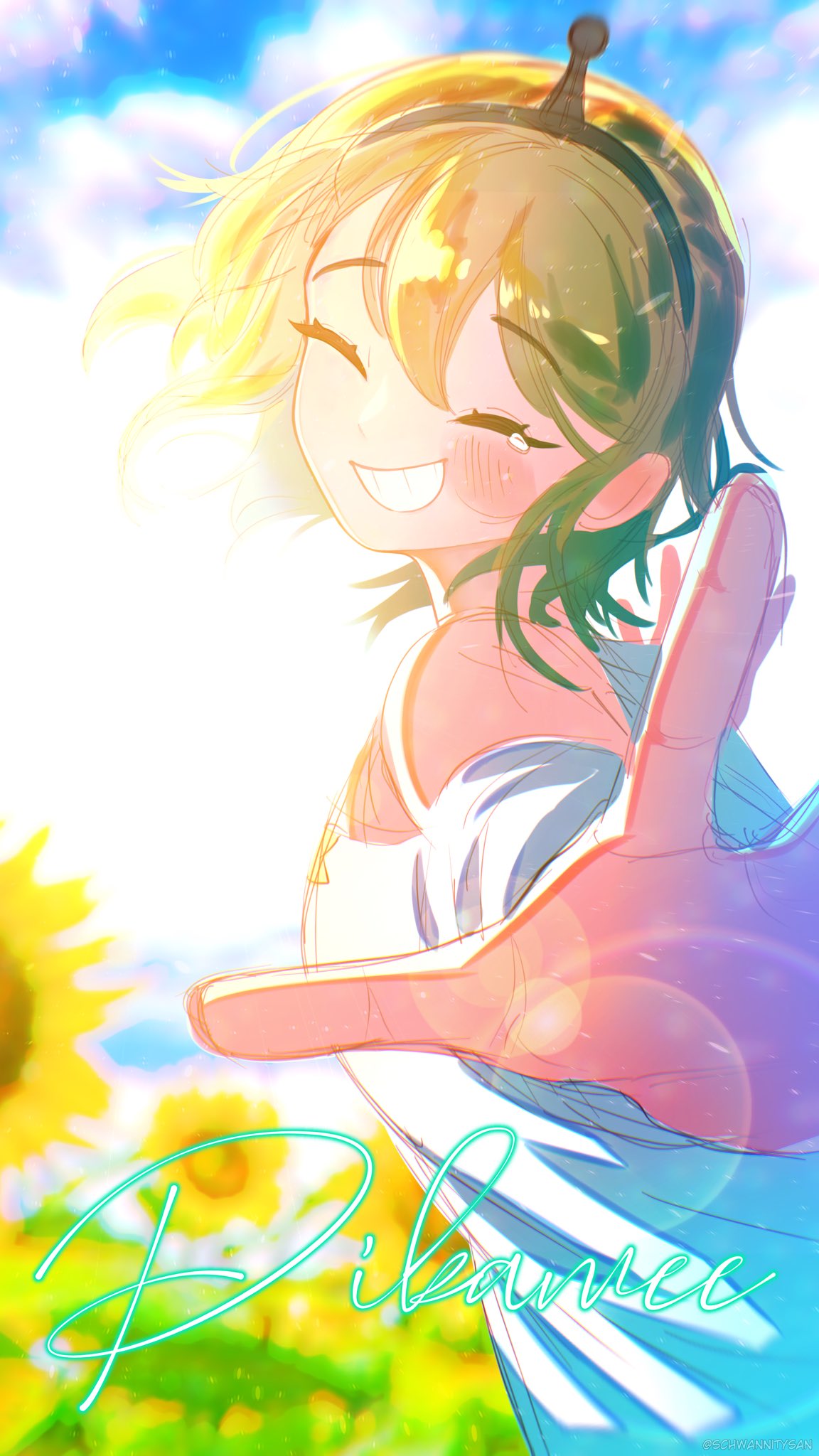 1girl, :d, ^_^, amano_pikamee, backlighting, black_hairband, blonde_hair, blue_sky, blush, character_name, clenched_teeth, closed_eyes, clouds, cloudy_sky, commentary, english_commentary, field, flower, flower_field, foreshortening, from_side, hairband, highres, lens_flare, long_sleeves, off-shoulder_shirt, off_shoulder, outdoors, schwannitysan, shirt, sky, smile, solo, spread_fingers, sunflower, tearing_up, teeth, voms, white_shirt
