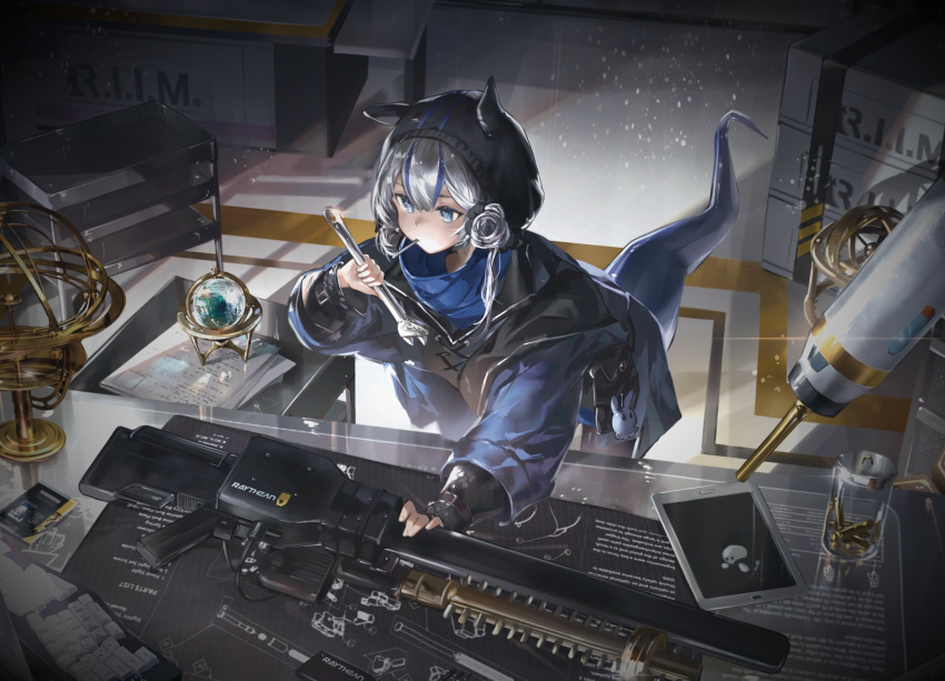 1girl, adjustable_wrench, animal_ears, arknights, blue_eyes, blue_hair, blue_jacket, blueprint_(object)