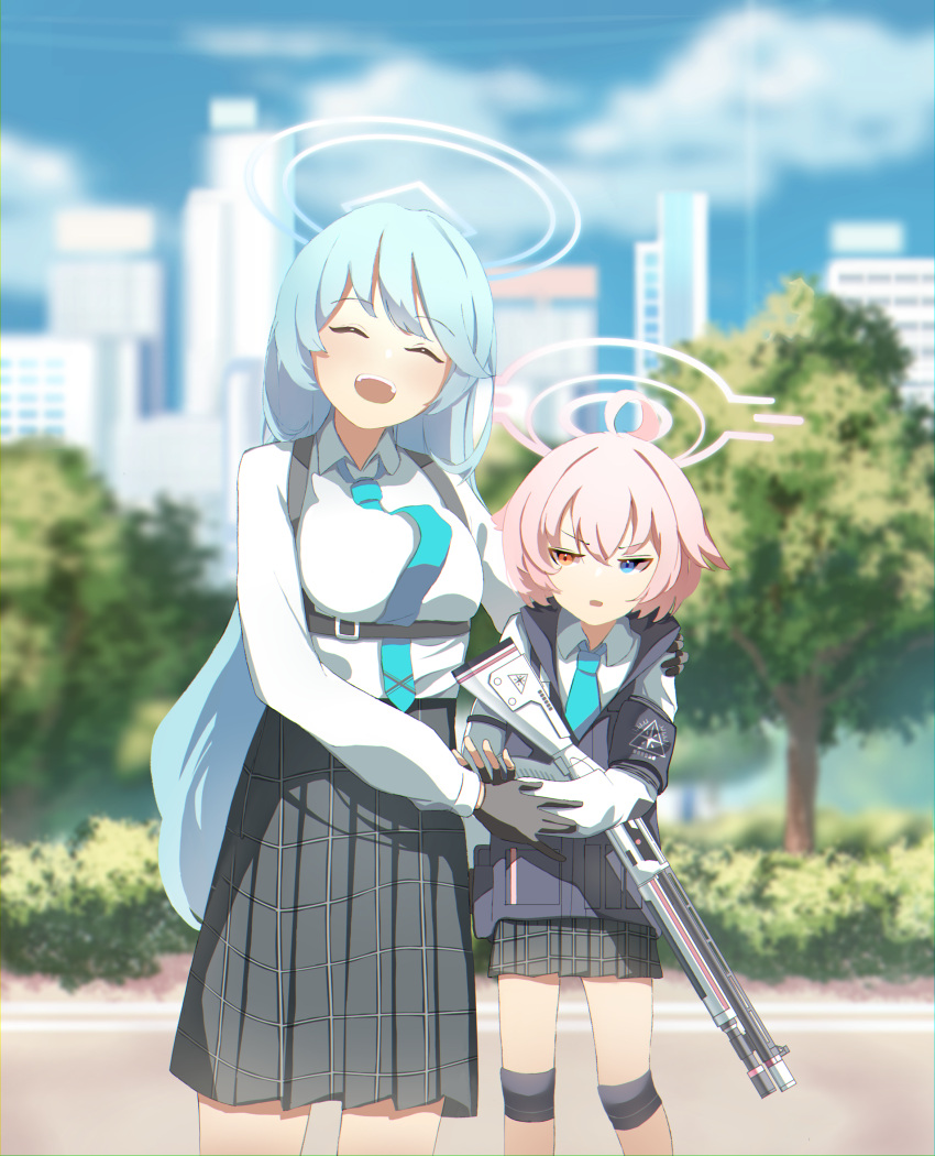 2girls, :d, ^_^, absurdres, aged_down, ahoge, aqua_hair, armband