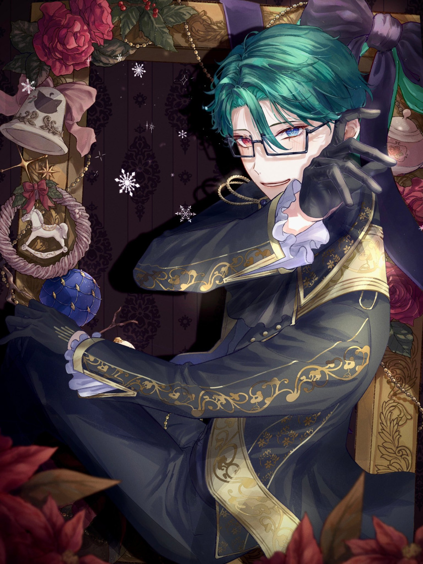 1boy, akuma_shitsuji_to_kuroi_neko, black_gloves, black_jacket, black_ribbon, blue_eyes, christmas_ornaments, flower