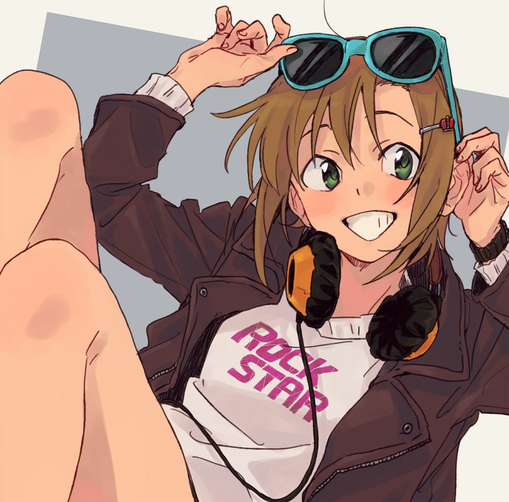 1girl, blush, breasts, brown_hair, brown_jacket, green_eyes, grey_background, grid_background