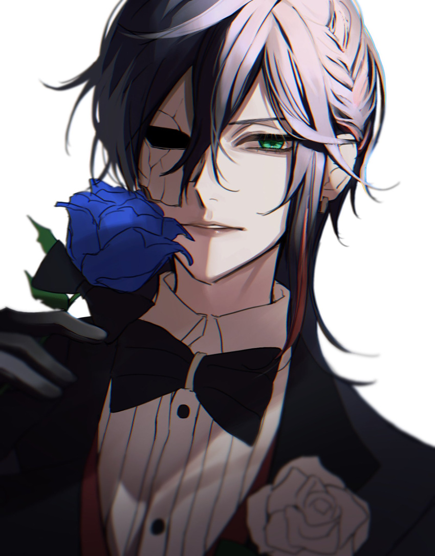 1boy, akuma_shitsuji_to_kuroi_neko, black_gloves, black_hair, black_jacket, black_necktie, blue_flower, blue_rose