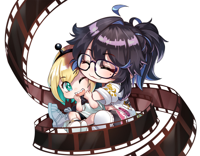 2girls, :3, :d, agustinus, amano_pikamee, black-framed_eyewear, black_footwear, black_hair