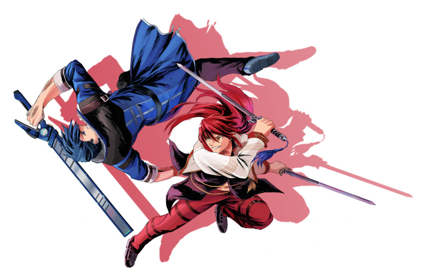2boys, aa_naruhhodo, aaron_wei, absurdres, blue_hair, coat, dual_wielding, eiyuu_densetsu, grin, highres, holding, holding_sword, holding_weapon, kuro_no_kiseki, long_hair, multiple_boys, pommel_tassel, redhead, short_hair, smile, sword, tassel, van_arkride, weapon, yellow_eyes