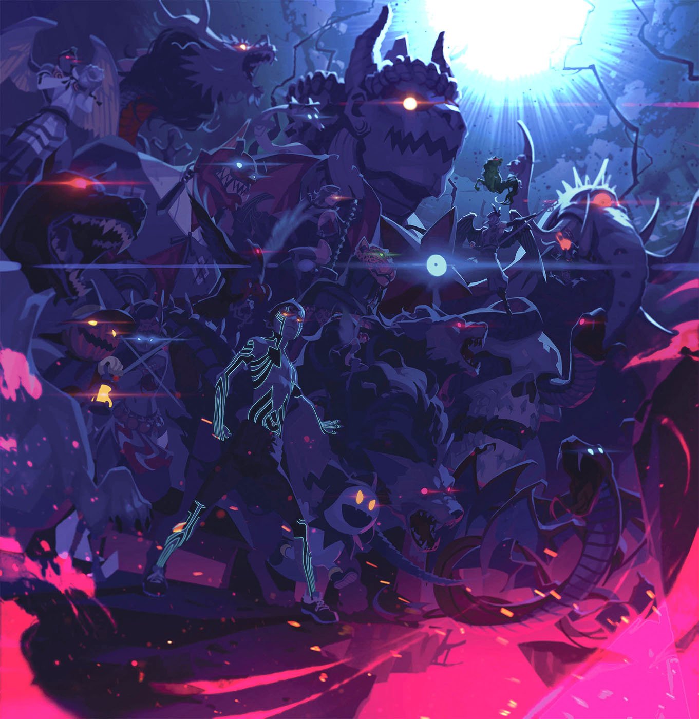 2girls, 6+boys, animal, animal_ears, animal_print, baphomet_(megami_tensei), bat_wings, bird