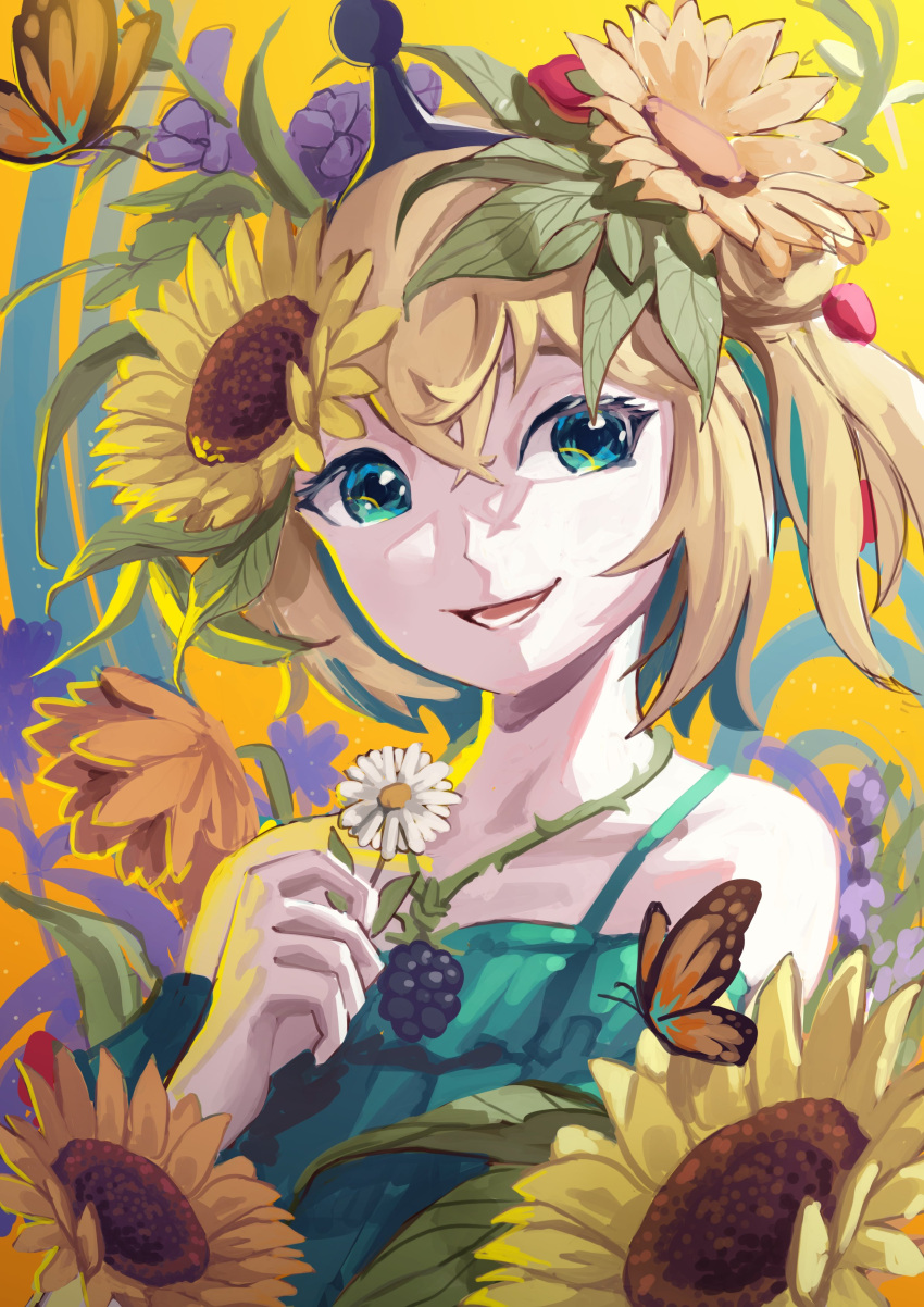 absurdres, amano_pikamee, black_hairband, blonde_hair, bug, butterfly, colored_inner_hair, dress