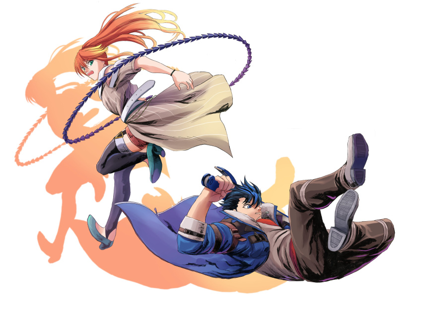 1boy, 1girl, aa_naruhhodo, absurdres, coat, eiyuu_densetsu, green_eyes, high_heels