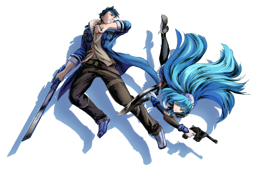 aa_naruhhodo, absurdres, black_hair, blue_eyes, blue_hair, coat, denim, dual_wielding