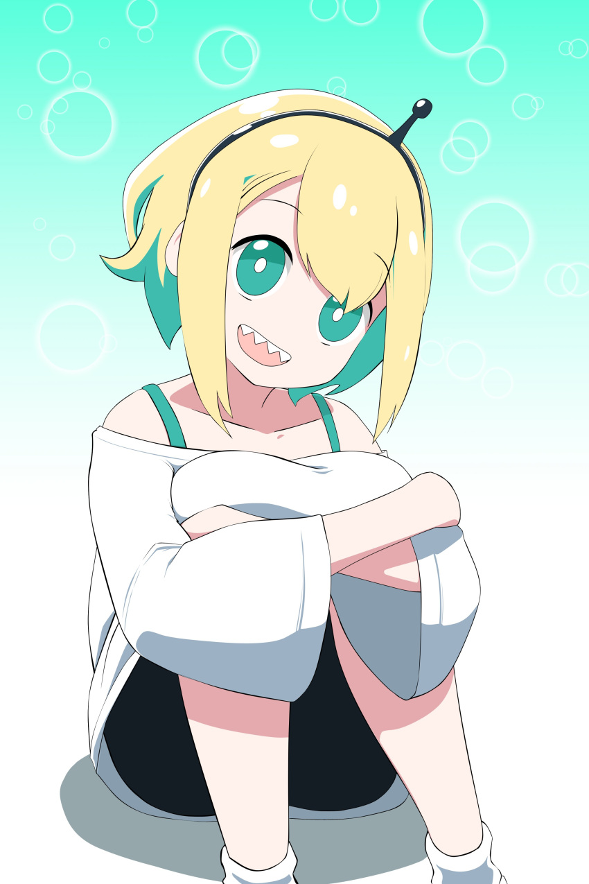 :d, absurdres, amano_pikamee, black_hairband, black_shorts, blonde_hair, bright_pupils, collarbone, colored_inner_hair, commentary, english_commentary, feet_out_of_frame, gradient_background, green_background, green_eyes, green_hair, hairband, head_tilt, highres, hugging_own_legs, knees_to_chest, long_sleeves, looking_at_viewer, monsiursandox, multicolored_hair, off-shoulder_shirt, off_shoulder, sharp_teeth, shirt, short_hair, shorts, sitting, smile, socks, teeth, upper_teeth_only, virtual_youtuber, voms, white_background, white_pupils, white_shirt, white_socks, wide_sleeves