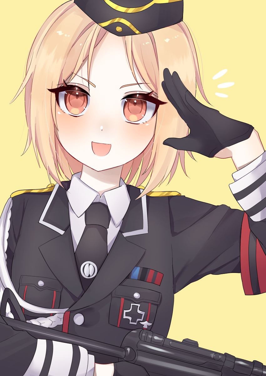 1girl, absurdres, armband, black_gloves, black_necktie, blonde_hair, blush, breasts