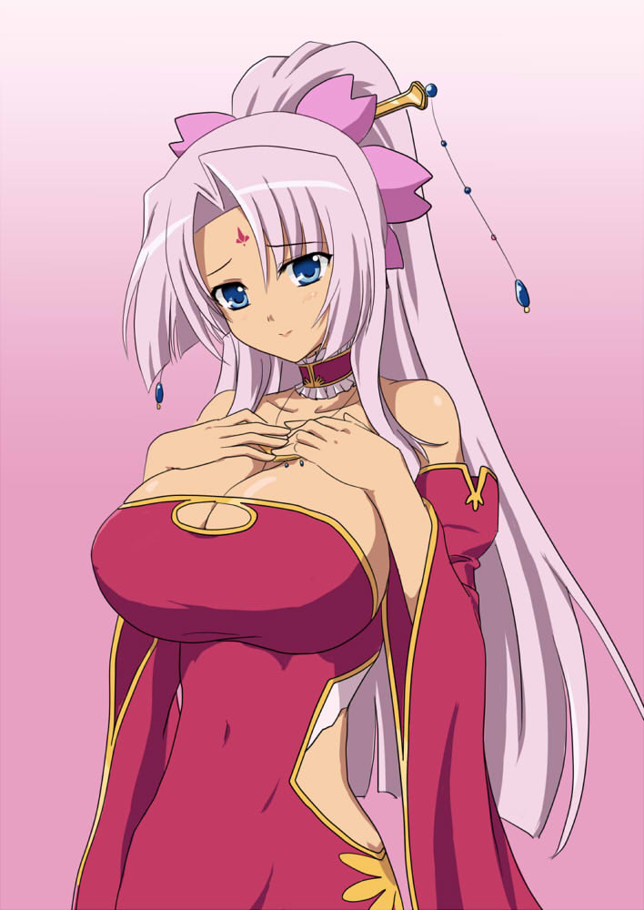 blue_eyes, blush, breast_suppress, breasts, choker, cleavage, detached_sleeves, dress, facial_mark, forehead_mark, hair_ornament, jewelry, koihime_musou, large_breasts, long_hair, navel, necklace, parted_bangs, ponytail, purple_hair, sakusaku_(neki), simple_background, solo, sonsaku, tata_(neki), very_long_hair