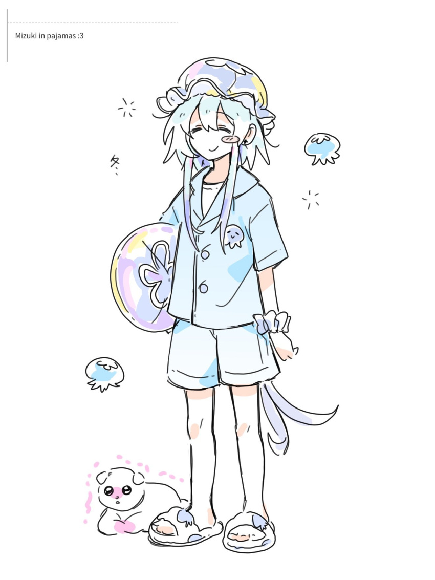 1boy, :>, =_=, alternate_costume, arknights, blue_hair, blue_pajamas, blush_stickers