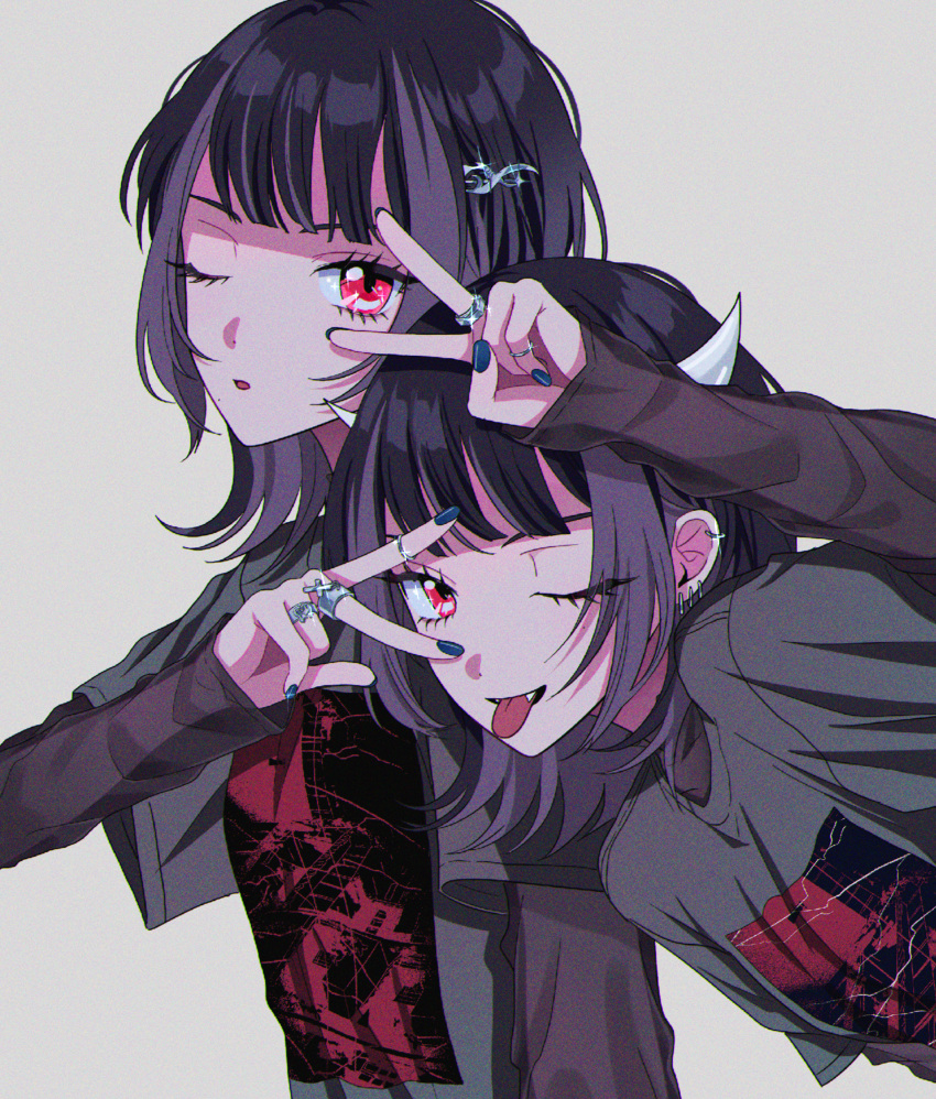 2girls, absurdres, black_hair, black_nails, character_request, double_v, ear_piercing, earrings