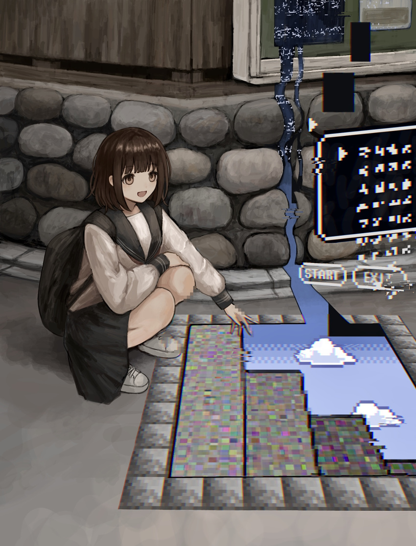 1girl, backpack, bag, black_bag, black_sailor_collar, black_skirt, brown_eyes, brown_hair