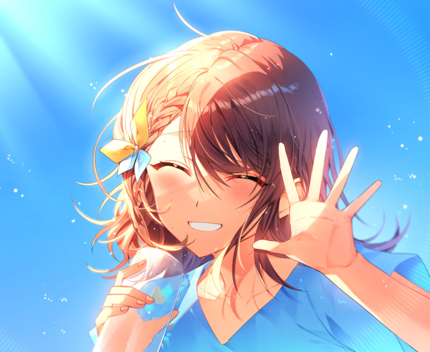 1girl, blue_bow, blue_shirt, blue_sky, blush, bow, braid, brown_hair