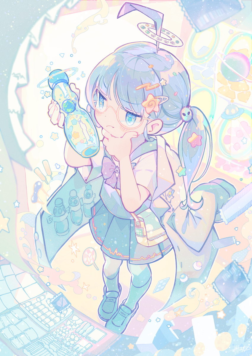 1girl, absurdres, ahoge, amakawa_tamawo, bag, blue_eyes, blue_sailor_collar, blue_skirt