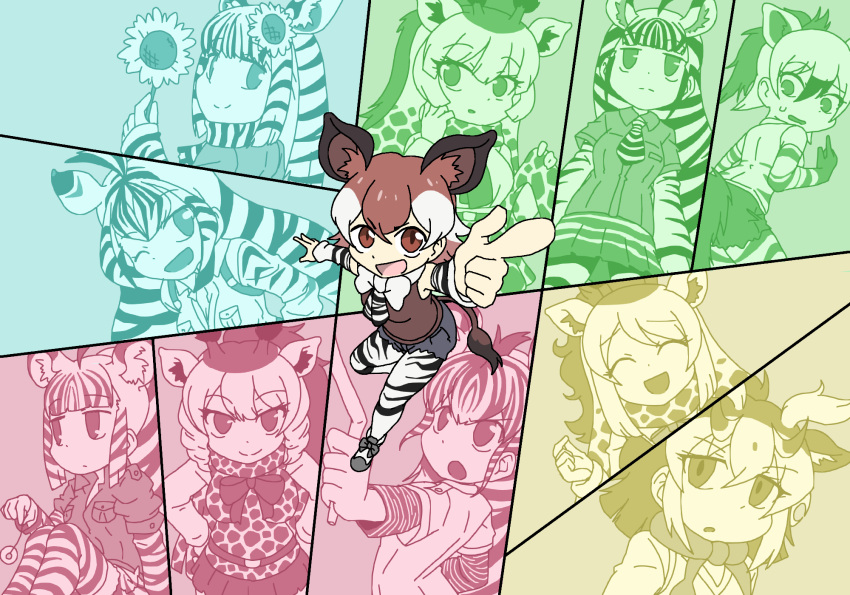 6+girls, ;d, ^_^, aardwolf_(kemono_friends), aardwolf_ears, aardwolf_girl, aardwolf_print, aardwolf_tail