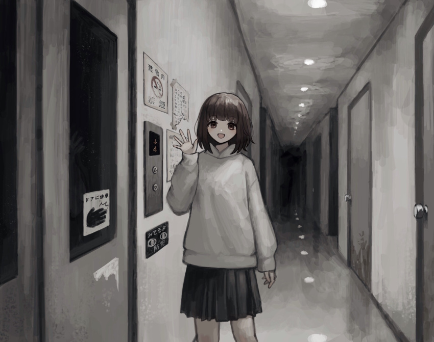 1girl, black_hair, black_skirt, door, elevator, hallway, highres, kiro_(ntcm8883)