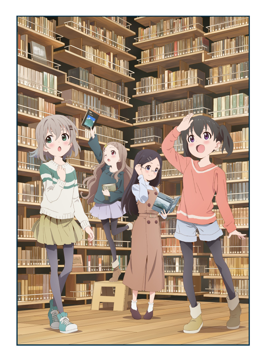 4girls, absurdres, aoba_kokona, artist_request, black_hair, black_pantyhose, blush, book