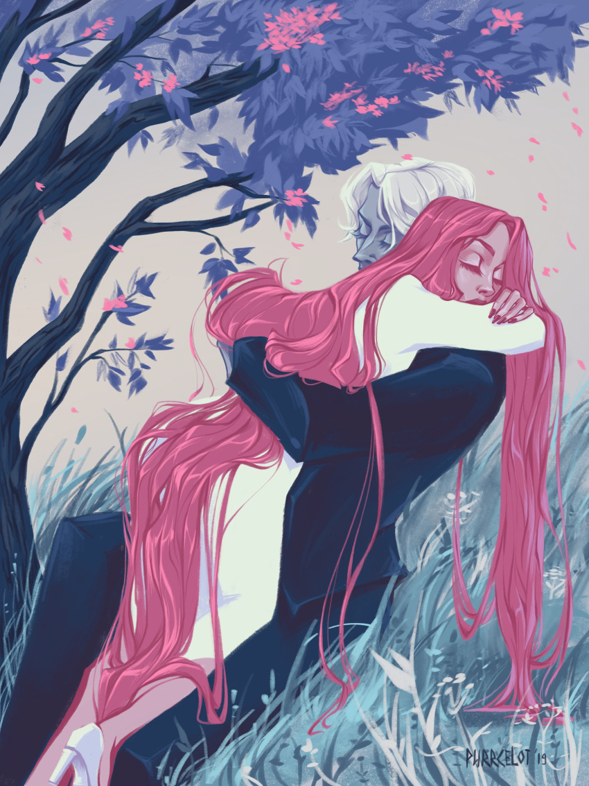 1boy, 1girl, absurdres, artist_name, black_pants, closed_eyes, colored_skin, dress, eyelashes, formal, grass, grey_skin, hades_(lore_olympus), hetero, highres, hug, long_hair, lore_olympus, pants, persephone_(lore_olympus), pink_skin, purrcelot, red_nails, suit, tree, very_long_hair, white_dress