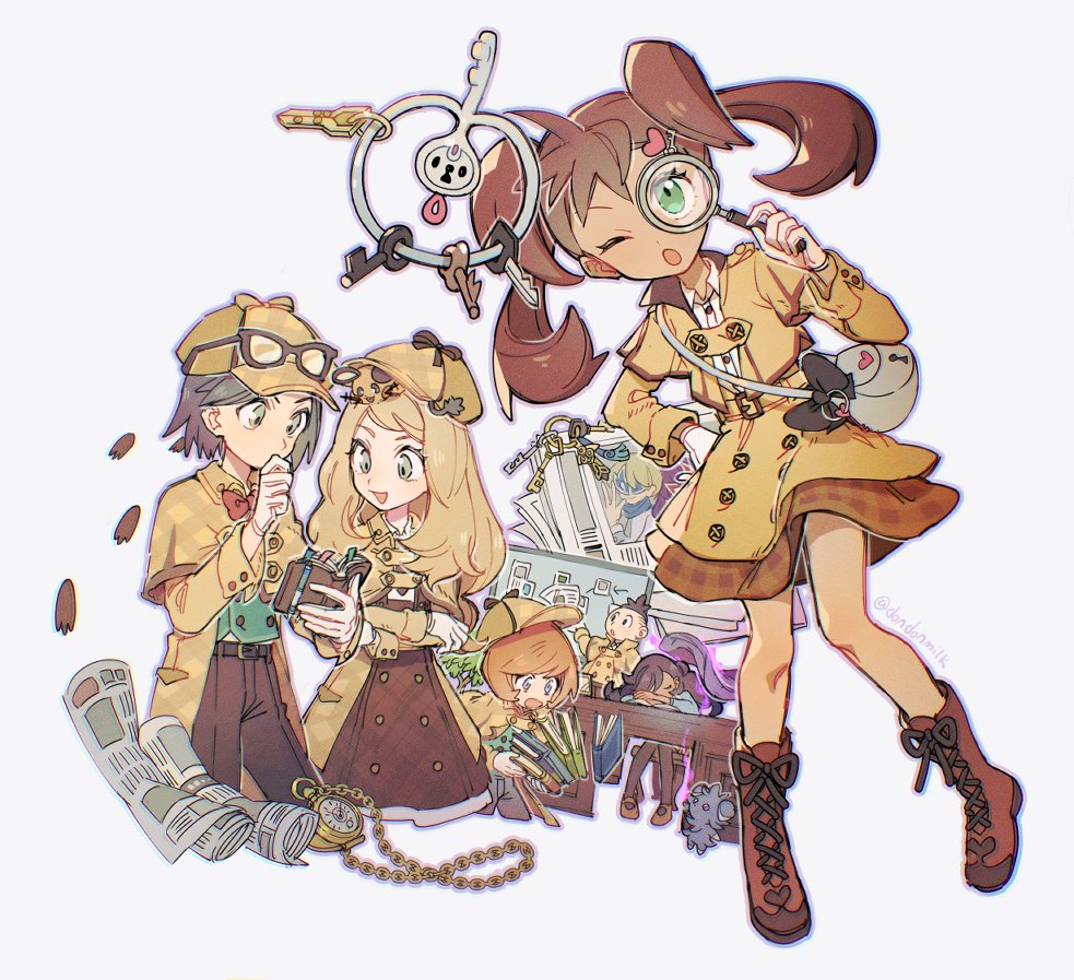 3boys, 3girls, :d, ;o, bag, belt, blonde_hair, book