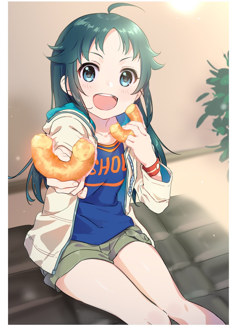 1girl, ahoge, blue_eyes, blue_shirt, blush, collarbone, food, green_hair, green_shorts, highres, holding, holding_food, hood, hoodie, idolmaster, idolmaster_cinderella_girls, idolmaster_cinderella_girls_starlight_stage, indoors, long_hair, looking_at_viewer, nanjo_hikaru, open_clothes, open_hoodie, open_mouth, plant, potted_plant, reaching_towards_viewer, red_wristband, round_teeth, shirt, shorts, sitting, solo, teeth, white_hoodie, yumesaki_nana