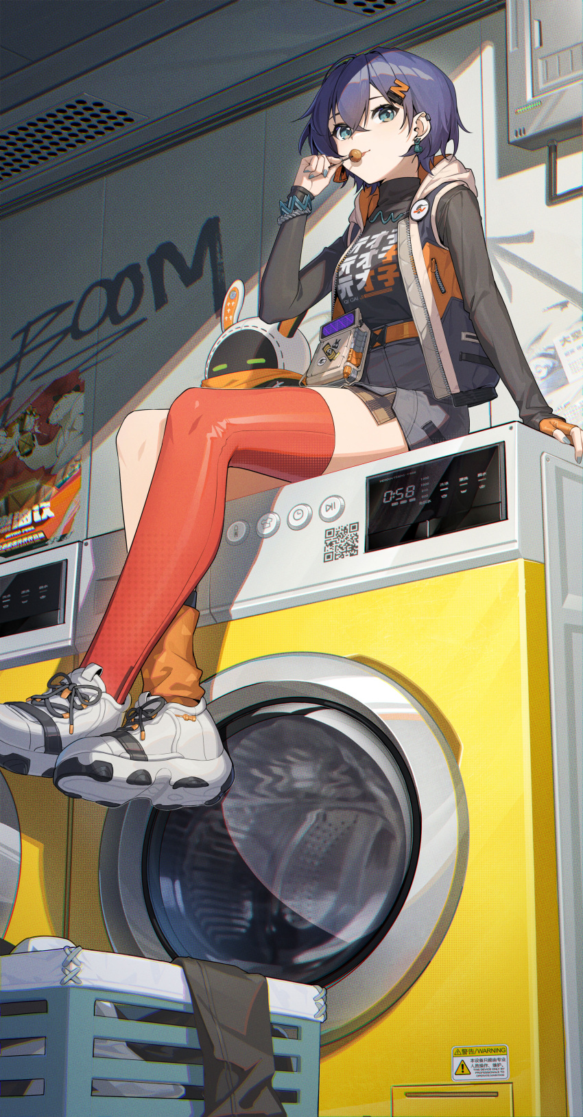 1girl, absurdres, asymmetrical_legwear, basket, belle_(zenless_zone_zero), black_hoodie, black_shirt, candy