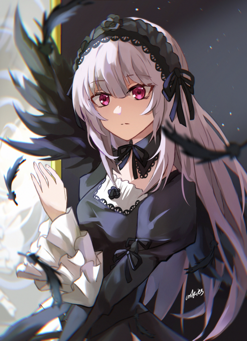 1girl, black_collar, black_dress, black_flower, black_hairband, black_ribbon, black_rose, black_wings, blunt_bangs, breasts, closed_mouth, collar, commentary_request, cookies_(1503), detached_collar, dress, expressionless, feathered_wings, feathers, flower, frilled_hairband, frilled_sleeves, frills, gothic_lolita, grey_hair, hair_ribbon, hairband, highres, juliet_sleeves, lolita_fashion, lolita_hairband, long_hair, long_sleeves, looking_at_viewer, neck_ribbon, puffy_sleeves, red_eyes, ribbon, rose, rozen_maiden, signature, small_breasts, solo, suigintou, upper_body, wings