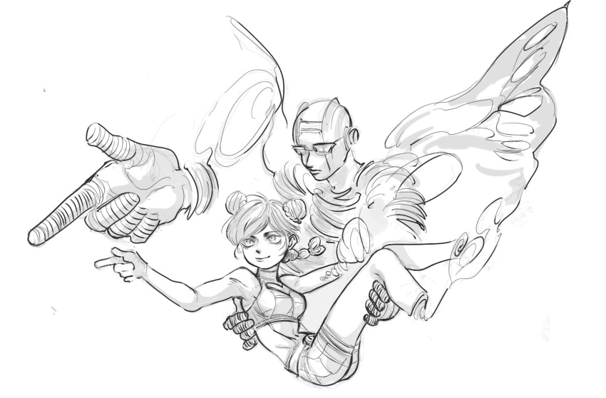 aged_down, braid, butterfly_wings, carrying, disembodied_limb, double_bun, greyscale, hair_bun