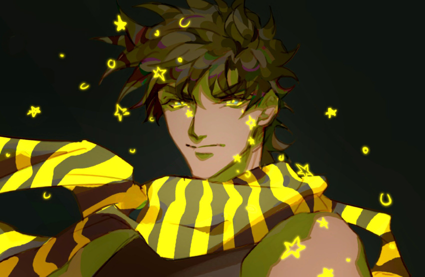 1boy, bare_shoulders, battle_tendency, brown_hair, glowing_tears, highres, jojo_no_kimyou_na_bouken, joseph_joestar, joseph_joestar_(young), male_focus, neon_trim, scarf, solo, star_(symbol), star_print, striped, striped_scarf, suzuri513, tears, yellow_scarf