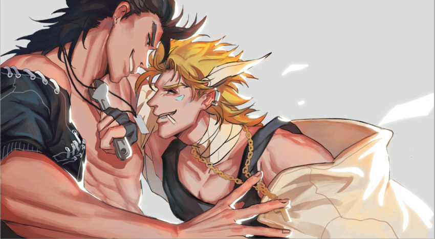 2boys, at_knifepoint, bandaged_neck, bandages, battle_tendency, black_hair, black_jacket, blonde_hair