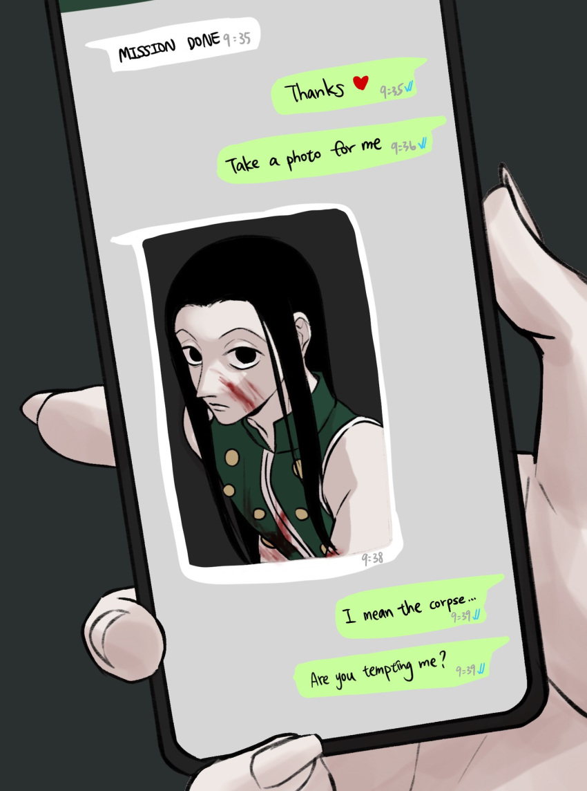 2boys, black_hair, blood, blood_on_face, cellphone_picture, chat_log, empty_eyes, english_text, enyalee, fingernails, highres, hisoka_morow, holding, holding_phone, hunter_x_hunter, illumi_zoldyck, implied_yaoi, long_hair, looking_at_viewer, male_focus, multiple_boys, phone, pov, pov_hands, sharp_fingernails, short_hair