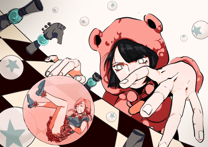 2boys, 2girls, animal_costume, bear_costume, black_hair, bubble, chess_piece, chessboard