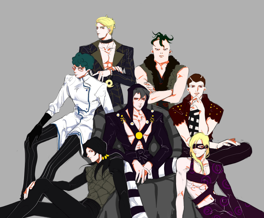 6+boys, absurdres, black_hair, black_sclera, blonde_hair, blue_hair, clothing_cutout, colored_sclera