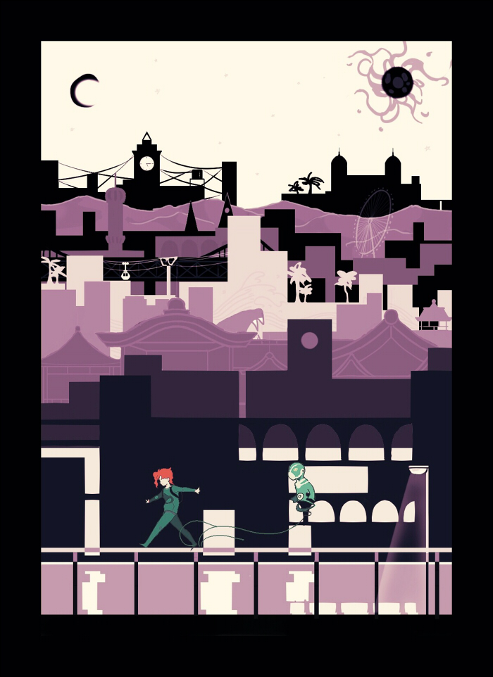 2boys, chibi, cityscape, crescent_moon, egypt, ferris_wheel, flat_color, gakuran