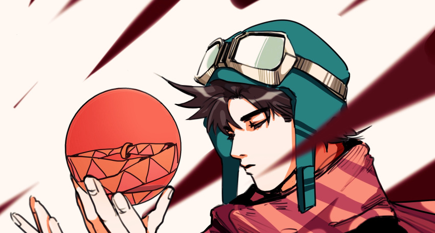 1boy, battle_tendency, black_hair, bomber_hat, brown_hair, bubble, closed_eyes, diagonal_stripes