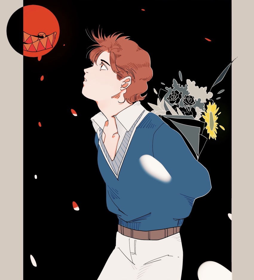 1boy, absurdres, aged_down, battle_tendency, bouquet, brown_hair, bubble, child