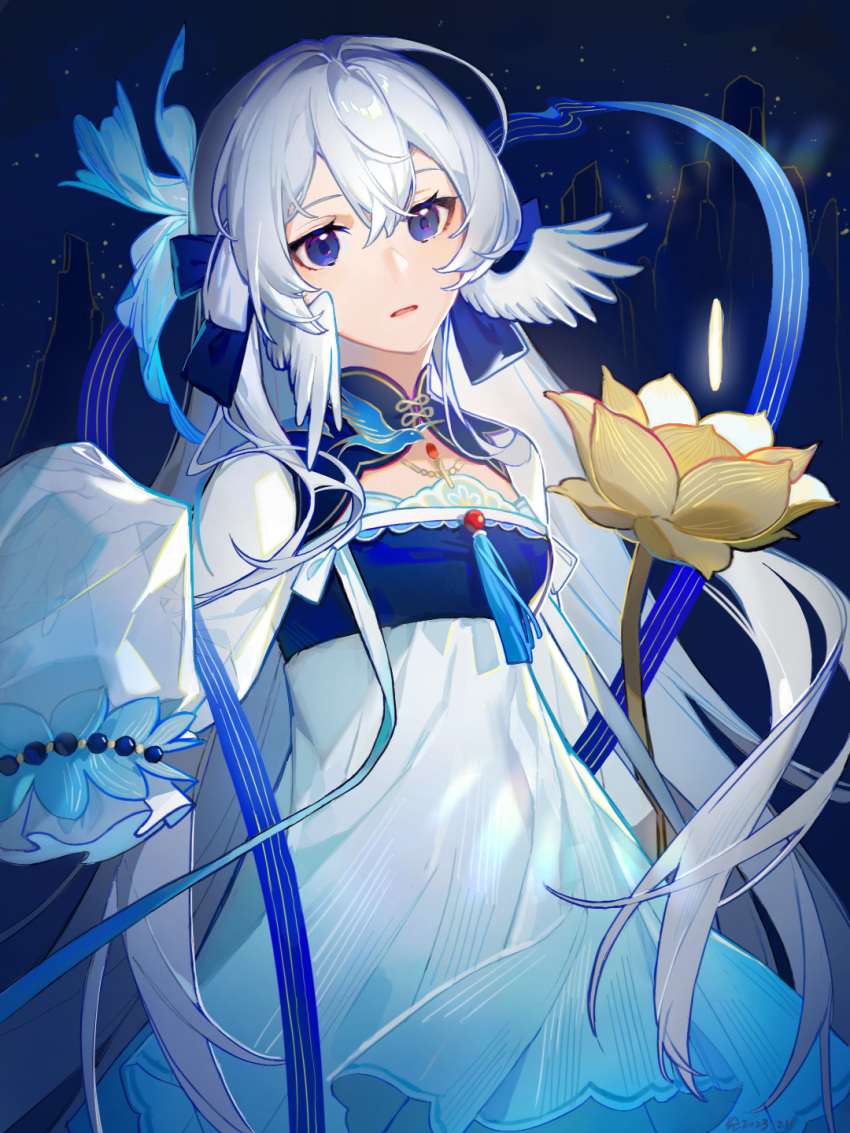 1girl, arknights, blue_collar, blue_eyes, blue_ribbon, collar, cowboy_shot, dress, expressionless, flower, hair_between_eyes, head_wings, highres, long_hair, long_sleeves, looking_at_viewer, mulberry_(arknights), mulberry_(reflection_that_of_the_moons)_(arknights), official_alternate_costume, parted_lips, qian8102, ribbon, see-through, see-through_sleeves, sleeves_past_fingers, sleeves_past_wrists, solo, tassel, very_long_hair, very_long_sleeves, white_dress, white_hair, yellow_flower