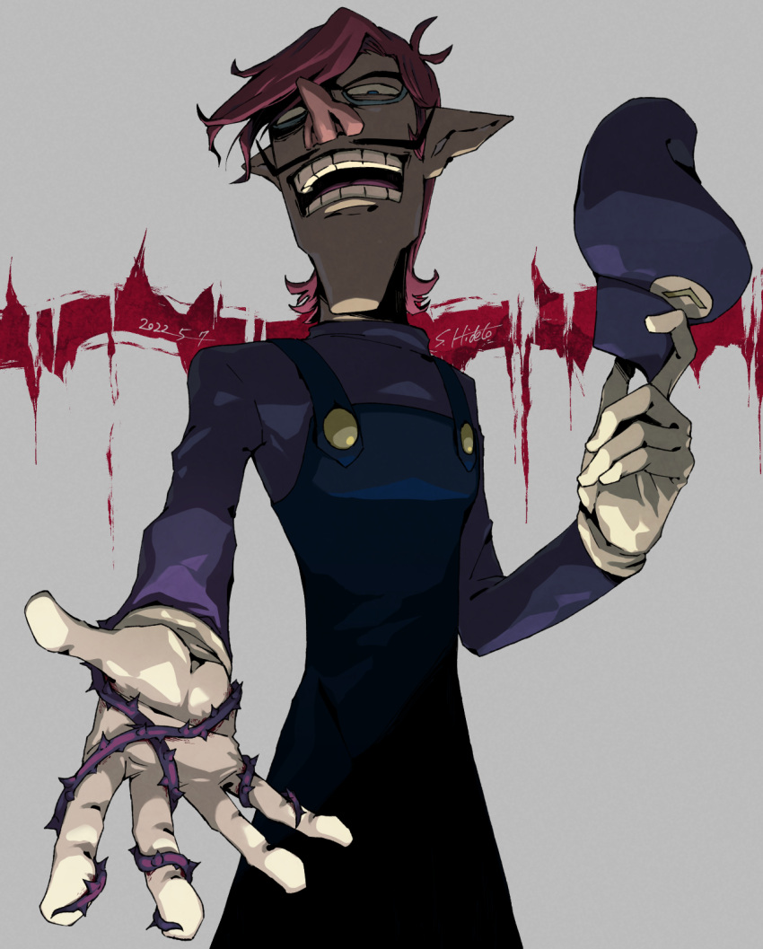 1boy, brown_hair, chin, commentary_request, dated, evil_smile, facial_hair, gloves